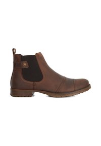 Brown leather Chelsea boot with elastic side panels and a pull tab. Features a rounded toe and flat sole with textured tread.