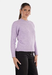 Maglione a maglia di un viola chiaro, con colletto rotondo e maniche lunghe. Tessuto morbido, polsini e orlo a coste, indossato con pantaloni neri.
