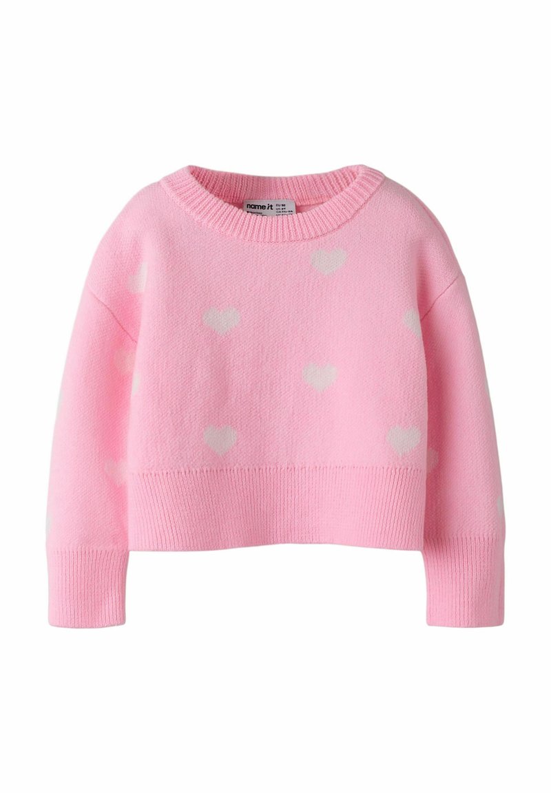 Roza pletena jopica z obokim izrezom, skrajšano zasnovo, dolgimi rokavi in belimi vzorci srčkov po celotni površini. Teksturalna tkanina.