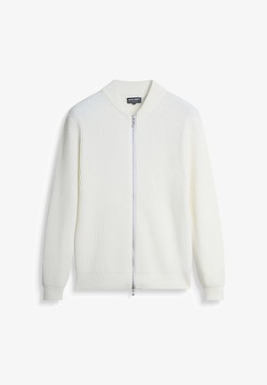Giacca zip-up bianca a costine con colletto e polsini a costina, dotata di una cerniera argentata e un design pulito e minimalista.
