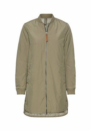 Khaki parka-jack met een vo/front-rits, geribbelde manchetten en een iets langere achterkant. Gladde stof met een subtiele glans en zijzakken.