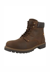 Bruine leren enkellaars met verstevigde neus, metalen veteroogjes, veterluiting, gevoerde kraag en duurzame rubberen zool met gripprofiel.