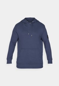 Felpa blu navy realizzata in tessuto morbido, con tasca frontale, cordini sulla cappuccio e polsini e bordo a costine.
