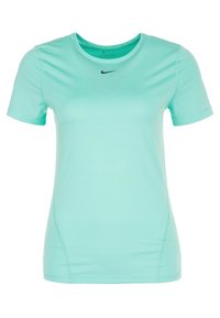 T-shirt de sport Nike à manches courtes de couleur turquoise clair, avec un col rond et le logo swoosh noir de Nike centré sous le col.