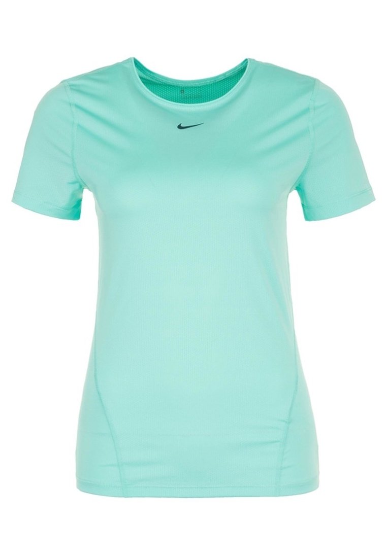 T-shirt de sport Nike à manches courtes de couleur turquoise clair, avec un col rond et le logo swoosh noir de Nike centré sous le col.