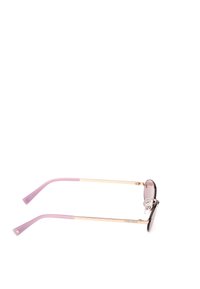 Runda solglasögon med en mörkbrun ram, ljusrosa skalmar och en guldfärgad metaldetalj. Har Gradient-linser och justerbara nässkydd.
