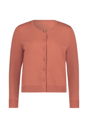 Roze cardigan met lange mouwen, ronde halslijn en knoopsluiting. Beschikt over ribgebreide manchetten en zoom, gemaakt van zachte breimateriaal.