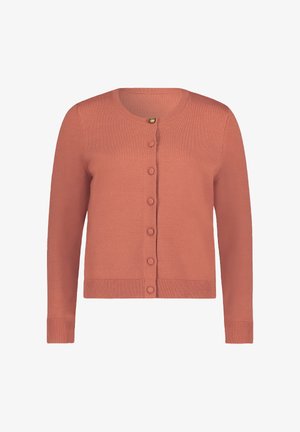 Rosa Strickjacke mit langen Ärmeln, rundem Ausschnitt und Knopfleiste. Mit gerippten Bündchen und Saum, aus weichem Strickmaterial gefertigt.