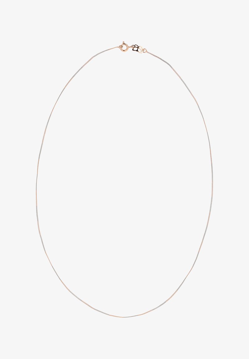 Srebrny i różowo-złoty naszyjnik z metalowego łańcucha, cienki i delikatny z gładkim wykończeniem i zapięciem na zatrzask w kształcie homara.