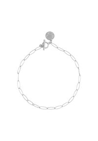 Bracciale in argento con forme ovali allungate, chiusura a gancio e ciondolo circolare. Texture liscia con finitura lucida.
