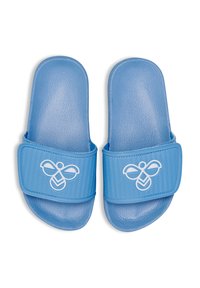 Blue slide sandals made of textured synthetic material with a wide strap featuring a white bee logo and herringbone pattern detail.