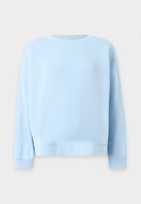 Sweat-shirt bleu clair à manches longues et col rond, avec poignets et ourlet côtelés, présenté sur un fond uni gris clair.