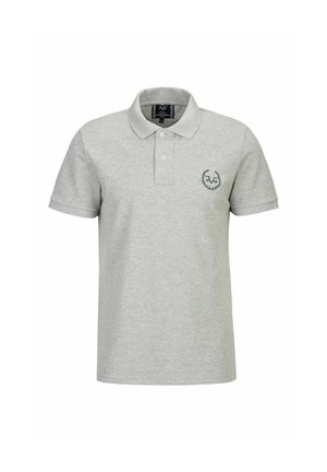 Grijze polo t-shirt van een katoenmix, met een kraag en twee knopen. Bevat een klein geborduurd ontwerp op de linkerkant van de borst.