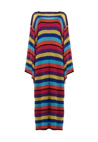 Gestreepte, oversized gebreide jurk met levendige kleuren: rood, blauw, paars, geel en zwart. Losse pasvorm met wijde mouwen en een gestructureerde stof.