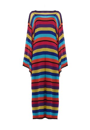 Striped, oversized knit dress featuring vibrant colors: red, blue, purple, yellow, and black. Loose fit with wide sleeves and textured fabric.