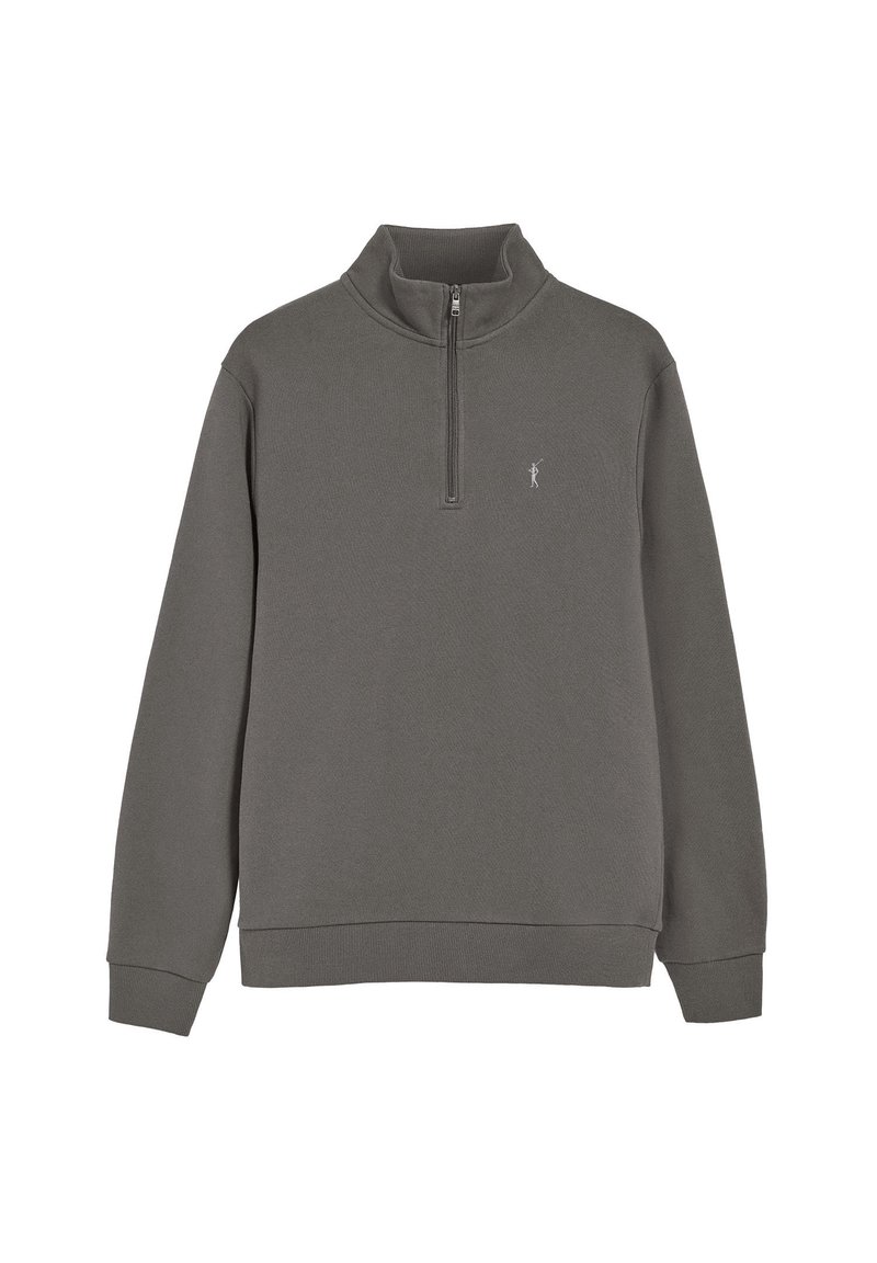 Felpa grigia con zip fino a un quarto, realizzata in tessuto morbido, presenta un colletto alto, maniche lunghe e un piccolo logo sul petto.