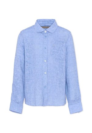 Camicia di lino azzurro chiaro a maniche lunghe con taschino frontale, chiusura con bottoni e collo classico.