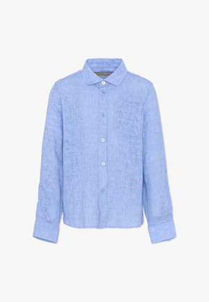 Camicia di lino azzurro chiaro a maniche lunghe con taschino frontale, chiusura con bottoni e collo classico.