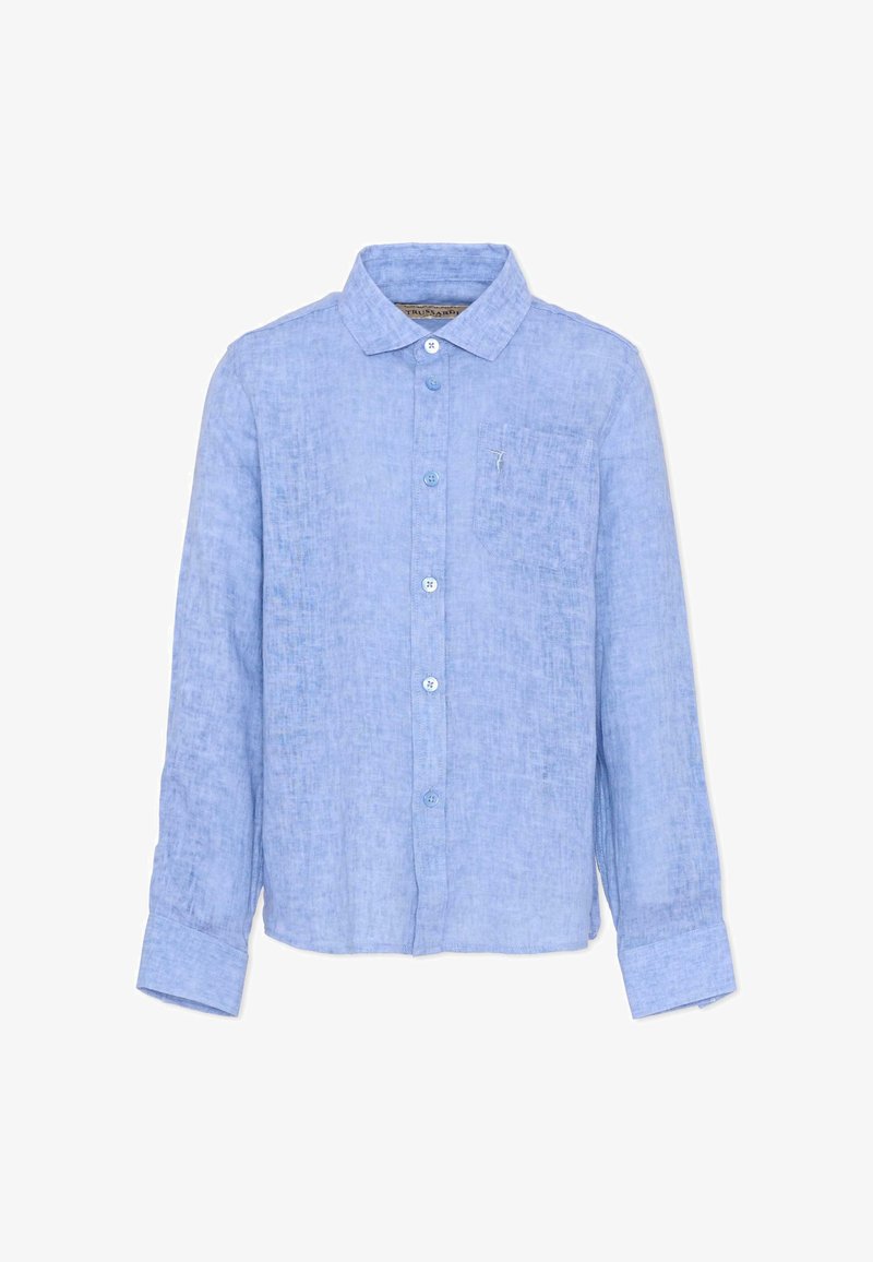 Chemise en lin bleu clair à manches longues, poche avant, fermeture par boutons et col classique.