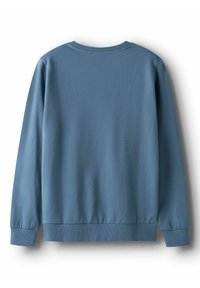 Felpa a maniche lunghe con collo rotondo di colore blu tenue, con polsini e orlo a costine, mostrata piatta dal retro su uno sfondo bianco.