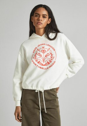 Sudadera corta blanca en material suave con un dobladillo ajustable. Presenta un gráfico floral central rojo con el texto "Pepe Jeans London".