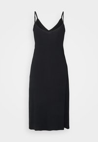 Svart ärmlös klänning med V-ringning, figursydd design och sidoöppning. Tillverkad av ett mjukt tyg med tunna justerbara axelband.