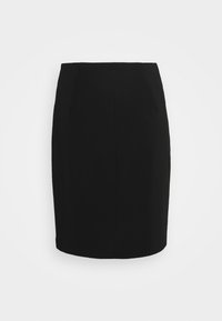 Zwarte kokerrok met een getailleerde pasvorm, met voorplooien, een gladde textuur en een lengte tot de knie. Geen zichtbare hardware of patronen.