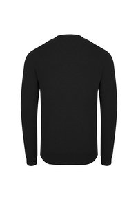 Czarny sweter dzianinowy z długimi rękawami, okrągłym dekoltem oraz ściągaczami przy mankietach i dole. Brak widocznych wzorów lub detali sprzętowych.