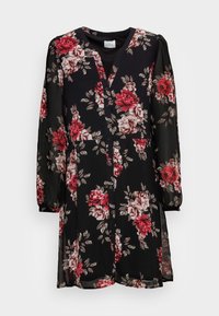 Schwarzes langärmliges Kleid mit rotem und weißem Blumenmuster, durchgehend knöpfbarem Vorderteil und leicht transparentem Stoff an Ärmeln und Saum.