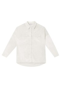 White long-sleeve shirt made of soft fabric, featuring a collar, two chest pockets, and a curved hem. Smooth texture with a minimalist design.