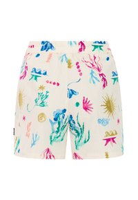 Lichtgekleurde zwembroek met een elastische tailleband, versierd met kleurrijke maritieme patronen in roze, blauw, groen en gouden accenten.