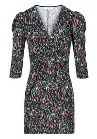 Robe à manches bouffantes avec un motif abstrait multicolore, présentant un décolleté en V profond et une taille cintrée. Le tissu semble extensible et lisse.