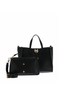 Czarna skórzana torba typu tote ze złotymi okuciami, posiadająca dwa uchwyty i przedni zatrzask. W zestawie mniejsza dopasowana saszetka na zamek z logo.