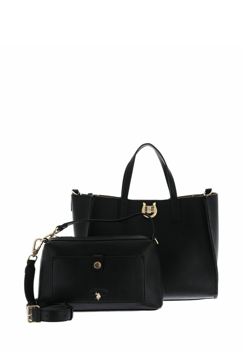 Czarna skórzana torba typu tote ze złotymi okuciami, posiadająca dwa uchwyty i przedni zatrzask. W zestawie mniejsza dopasowana saszetka na zamek z logo.