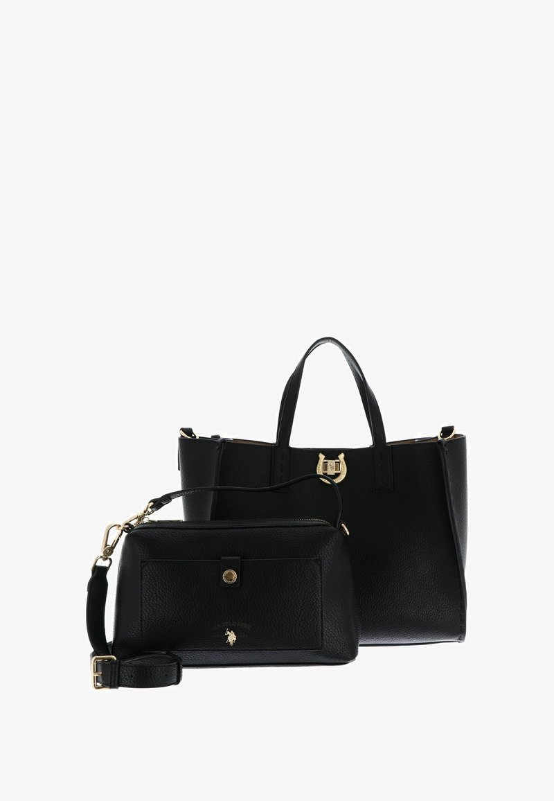 Czarna skórzana torba typu tote ze złotymi okuciami, posiadająca dwa uchwyty i przedni zatrzask. W zestawie mniejsza dopasowana saszetka na zamek z logo.