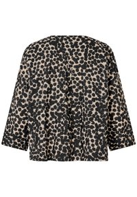 Top a pois neri e beige con vestibilità ampia, maniche a tre quarti e orlo dritto. Tessuto morbido con texture sottile.