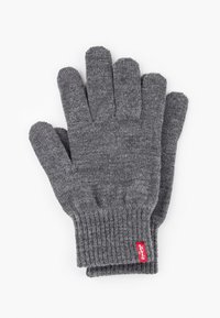 Gray knit gloves with a ribbed cuff, featuring five fingers and a small red logo tab at the wrist. Soft texture and warm material.