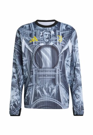 Overhemd met lange mouwen met een zwart- en grijsachtig sierlijk ontwerp met architecturale en beeldhouwwerken, geaccentueerd met gele strepen en een ronde uitsnijding.