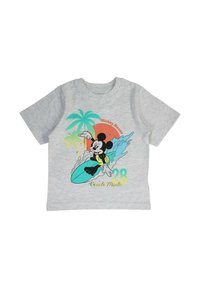 T-shirt en coton gris à manches courtes avec un design de surf coloré représentant un personnage de dessin animé, des palmiers et le texte "Beach Mode".