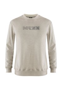 Felpa beige chiaro realizzata in tessuto morbido, con maniche lunghe e collo a giro. Sul davanti è riportato il logo "MEXX" in grigio testurizzato.