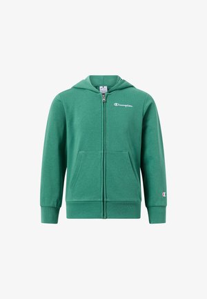 Sweat à capuche zippé vert en tissu doux, doté d'une poche frontale, d'une capuche avec cordon de serrage, et d'un petit logo Champion sur la poitrine.