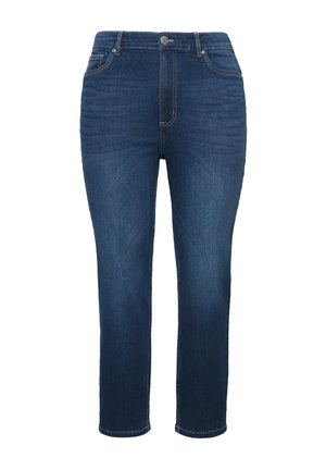 Schmal geschnittene blaue Jeans aus Denim mit mittelhoher Taille, Fünf-Taschen-Design und dezentem Verblassen. Verfügt �über einen Knopf- und Reißverschluss vorne.
