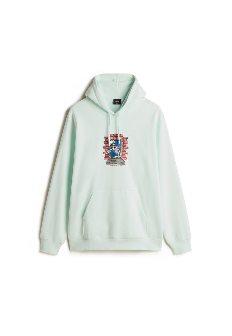 Mintgrüner Hoodie mit einer Fronttasche. Enthält ein grafisches Design eines Skeletts vor einer Backsteinmauer, mit roten und blauen Akzenten.