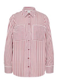Red and white striped button-up shirt with two front pockets, collar, and contrasting striped sleeve cuffs. Soft cotton material.