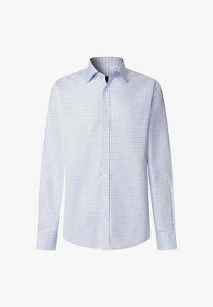 Svijetloplava košulja dugih rukava s tankim tamnoplavim uzorkom rešetke i dugmadima na manžetama, prikazana na bijeloj pozadini.