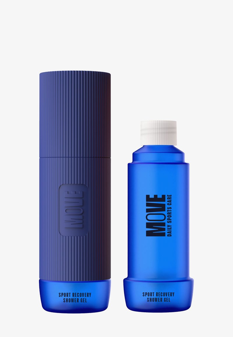 Blauwe en marineblauwe flessen douchegel met een gestructureerd oppervlak. De linkerfles is cilindershaped met een geribbelde design; de rechter is korter met een gladde afwerking.