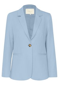 Blazer su misura di colore azzurro chiaro realizzato in tessuto morbido. Presenta un unico bottone marrone, rever a punta e due tasche frontali.