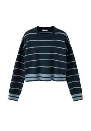 Pull court bleu foncé avec des rayures horizontales bleu clair et manches longues, présenté sur fond blanc.