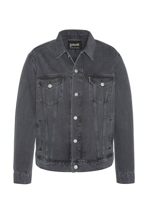 Tummanharmaa denimtakki painonapeilla, kaksi rintataskua läpällä, sivutaskut ja kaulus, merkiltään Schott, koko keskikokoinen.