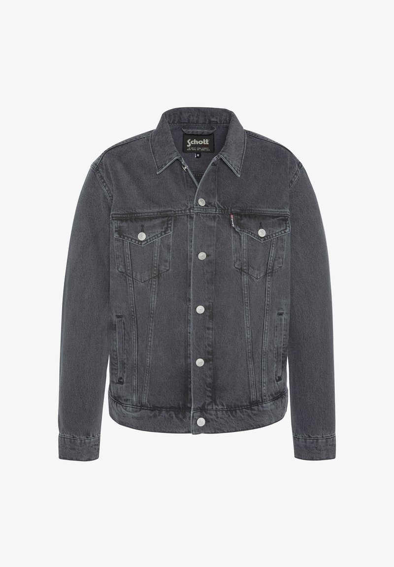 Veste en jean gris foncé avec boutons-pression, deux poches poitrine à rabat, poches latérales et un col, marque Schott, taille moyenne.